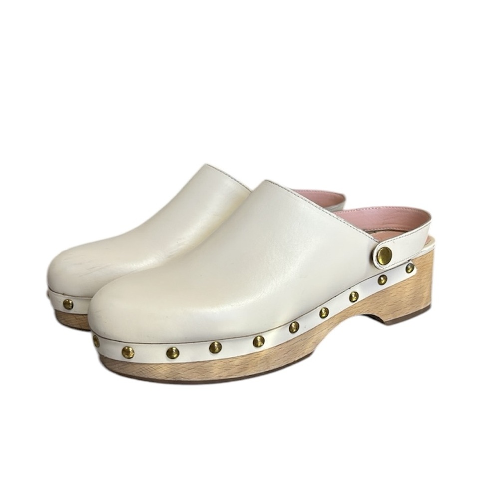 J. Crew‎ Convertible Leather Studded Clogs Wood Slingback in Dusty Ivory 8.5